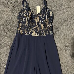 Francesca's Collections Navy and Beige Lace Jumpsuit